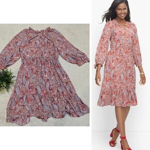 Talbots Red & Blue Paisley Split Neck Flowy Tiered Ruffle Dress, Size XL NWT